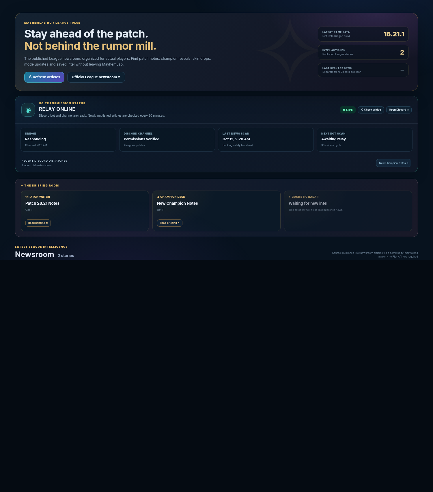 League Pulse dashboard screenshot